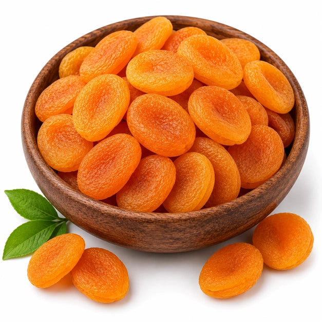 Wooden bowl filled with dried apricots on a white background